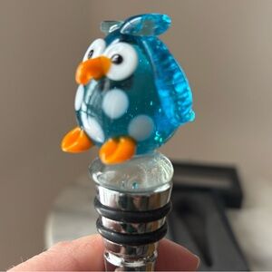 Hand Blown Glass Blue Owl Wine Stopper w Stainless Steel and Rubber Gasket